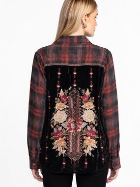 Johnny Was Artemis Velvet Embroidered Black Plaid Button Up Shirt Flannel Small